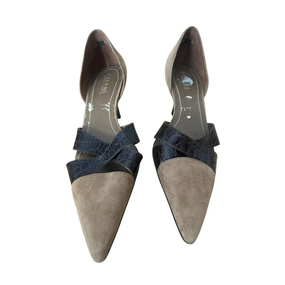 Ralph Lauren Althea Brown Suede Brown Croc Leather Kitten Heels Women's 10B Shoe